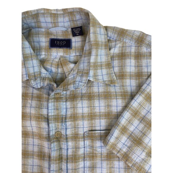 IZOD Jeans Men's Short Sleeve Button Down XL Plaid Blue Tan Cotton Linen - Picture 1 of 6